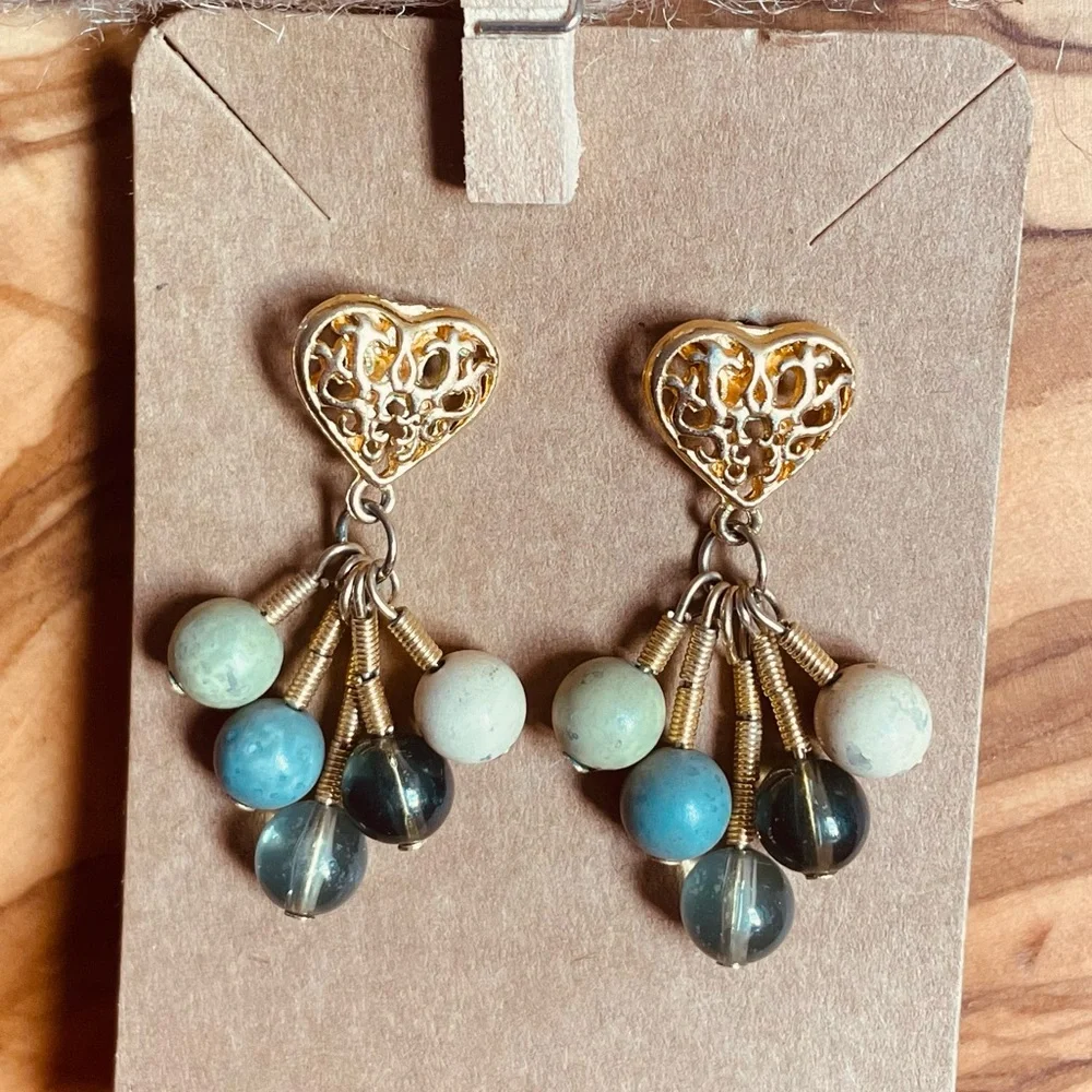 Gold Filagree Heart Earrings with Blue and Cream Beads